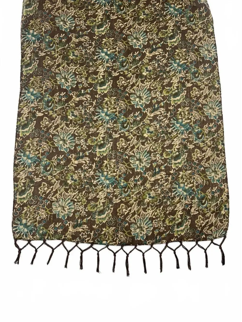 Vintage Inspired Floral Pattern Brown Scarf with Tassels